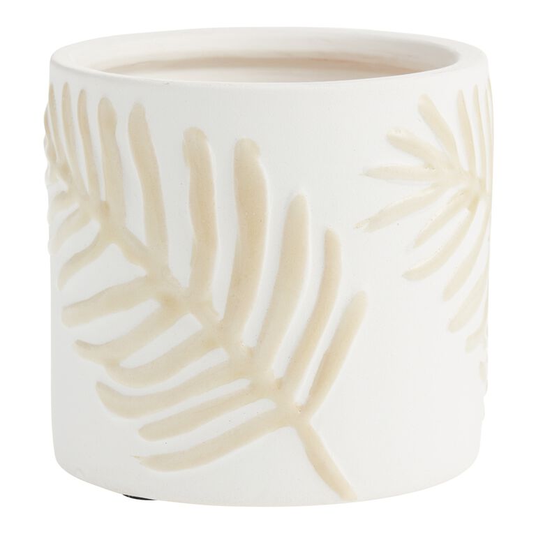 White And Tan Embossed Leaf Ceramic Planter image number 1