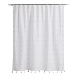 Ellie White And Ivory Embroidered Pom Pom Shower Curtain