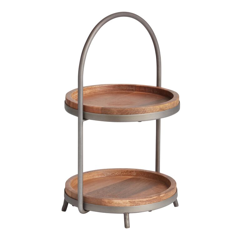 Round Mango Wood and Metal 2 Tier Serving Stand image number 1
