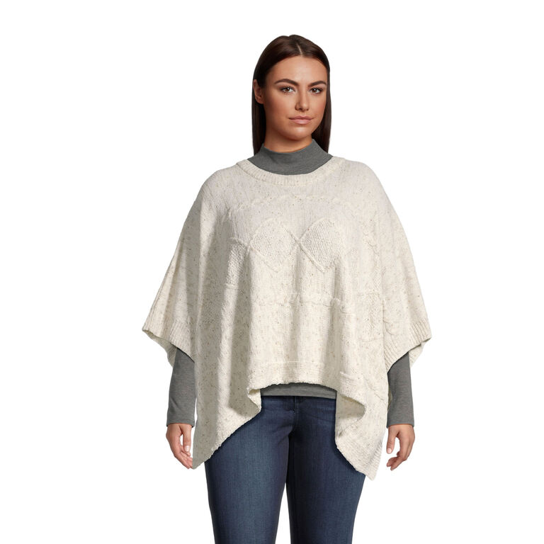 Ivory Speckle Chenille Cable Knit Sweater Poncho image number 1