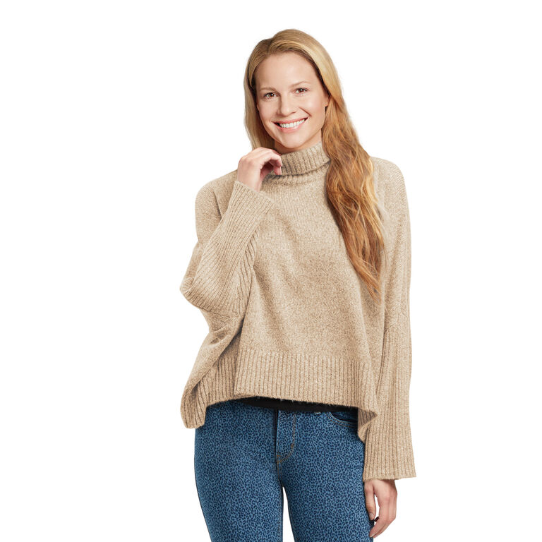 Tan Recycled Yarn Ribbed Knit Funnel Neck Sweater image number 1