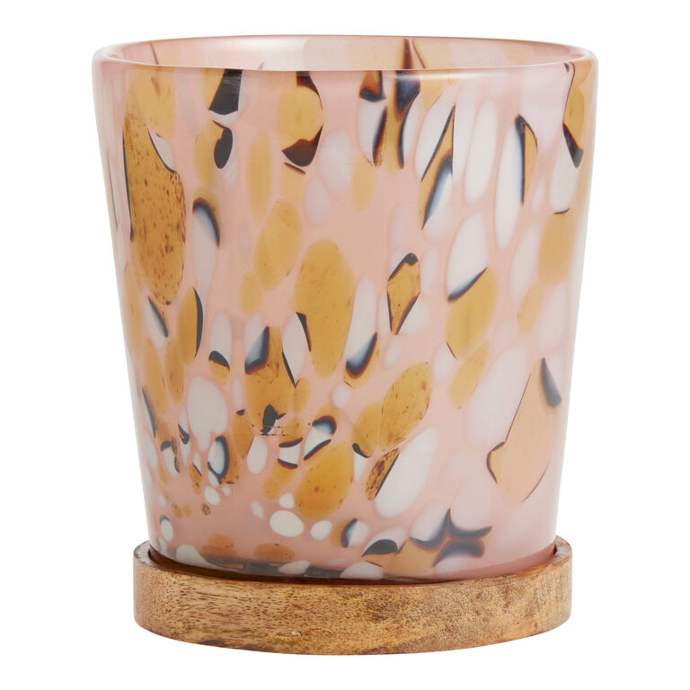 Pink Abstract Animal Print Glass Planter with Wood Base image number 1