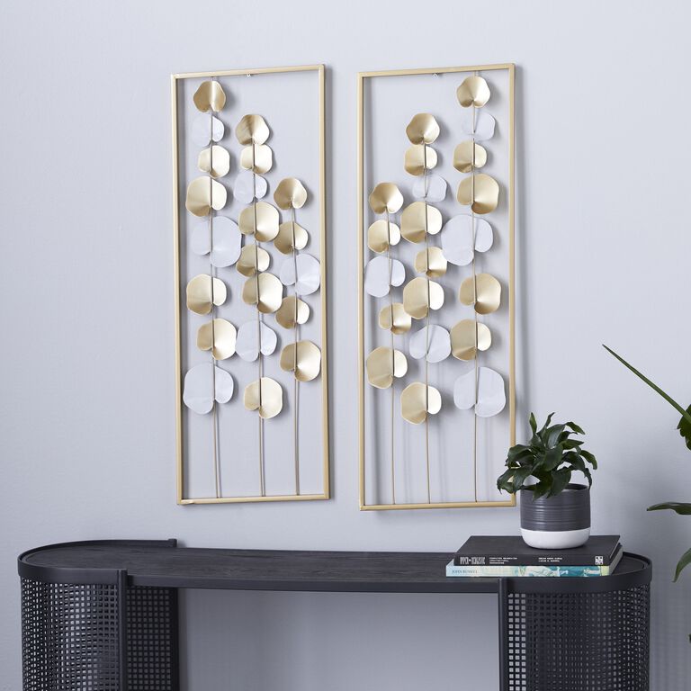 Metallic Gold and White Leaf Metal Panel Wall Decor 2 Piece image number 2