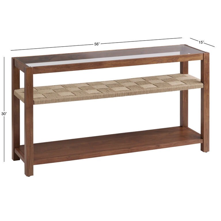 Lincoln Wood and Jute Glass Top Console Table with Shelves image number 6