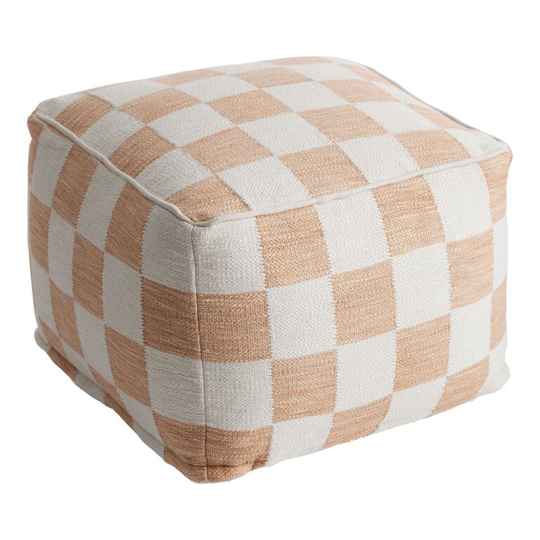 Square Ivory And Rust Checkered Pouf image number 1