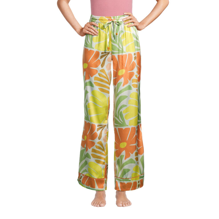 Multicolor Satin Retro Floral Pajama Pants image number 1