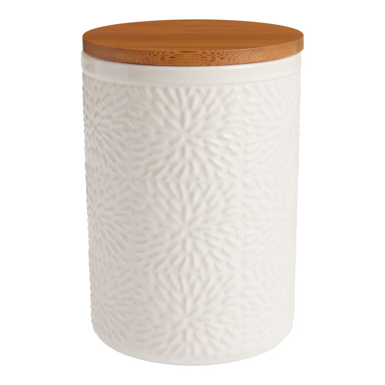 Medium White Textured Ceramic and Bamboo Storage Canister image number 1