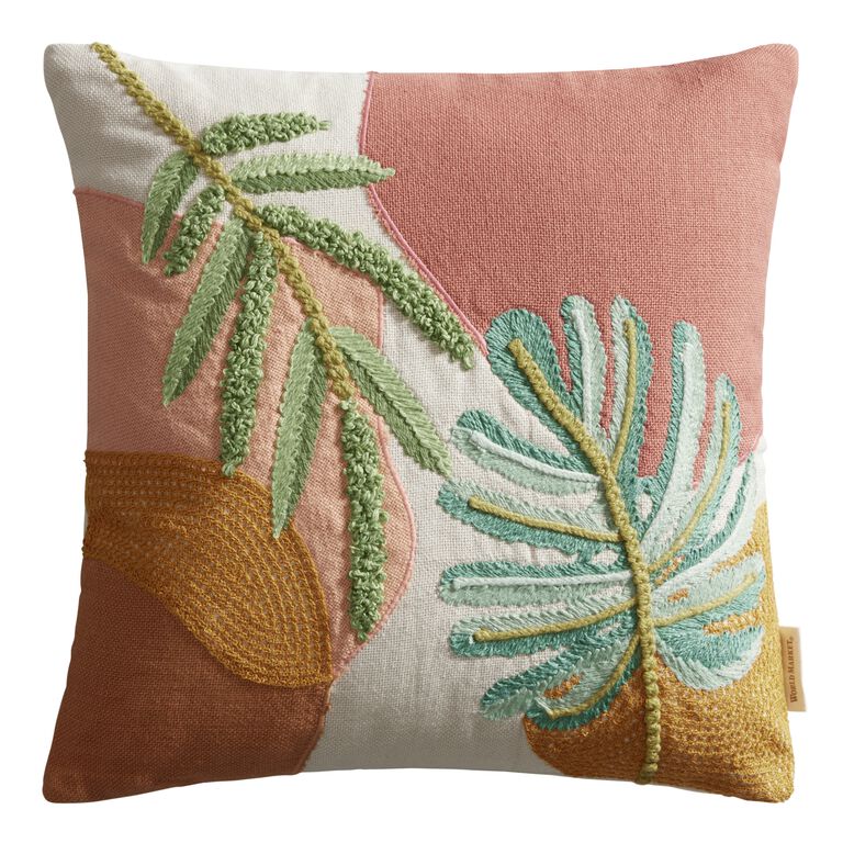Embroidered Monstera Leaf Indoor Outdoor Throw Pillow image number 1