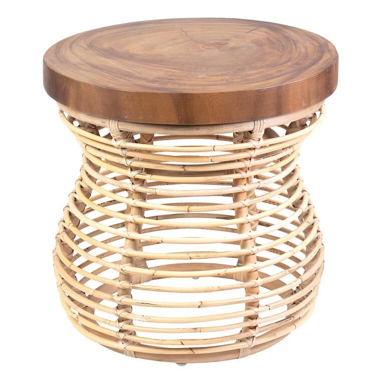 Round Teak and Rattan End Table image number 1
