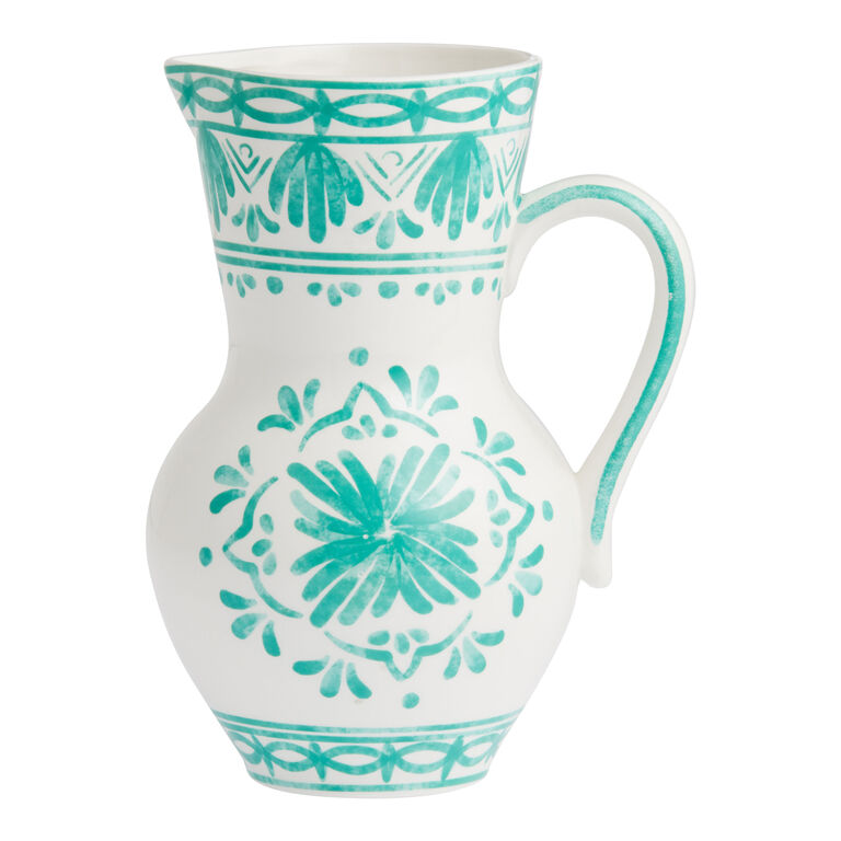 Freya Teal And White Painterly Ceramic Pitcher image number 1