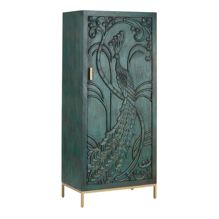 CRAFT Teal Carved Wood Peacock Storage Cabinet image number 1