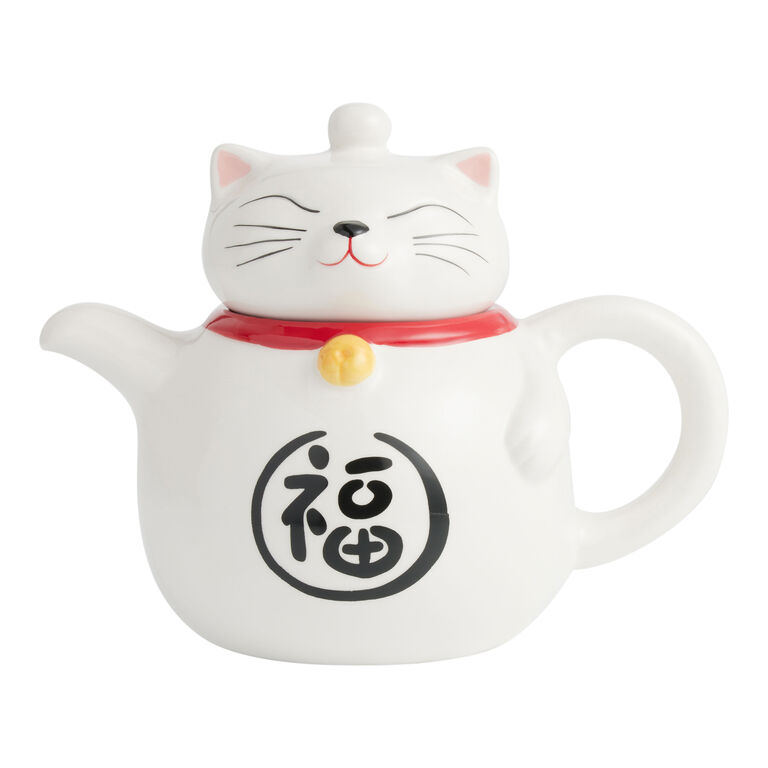 White Ceramic Lucky Cat Figural Teapot image number 1