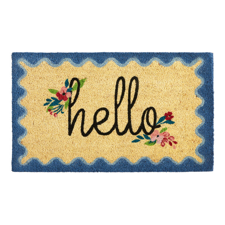 Blue and Natural Floral Hello Scalloped Border Coir Doormat image number 1