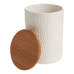 Medium White Textured Ceramic and Bamboo Storage Canister
