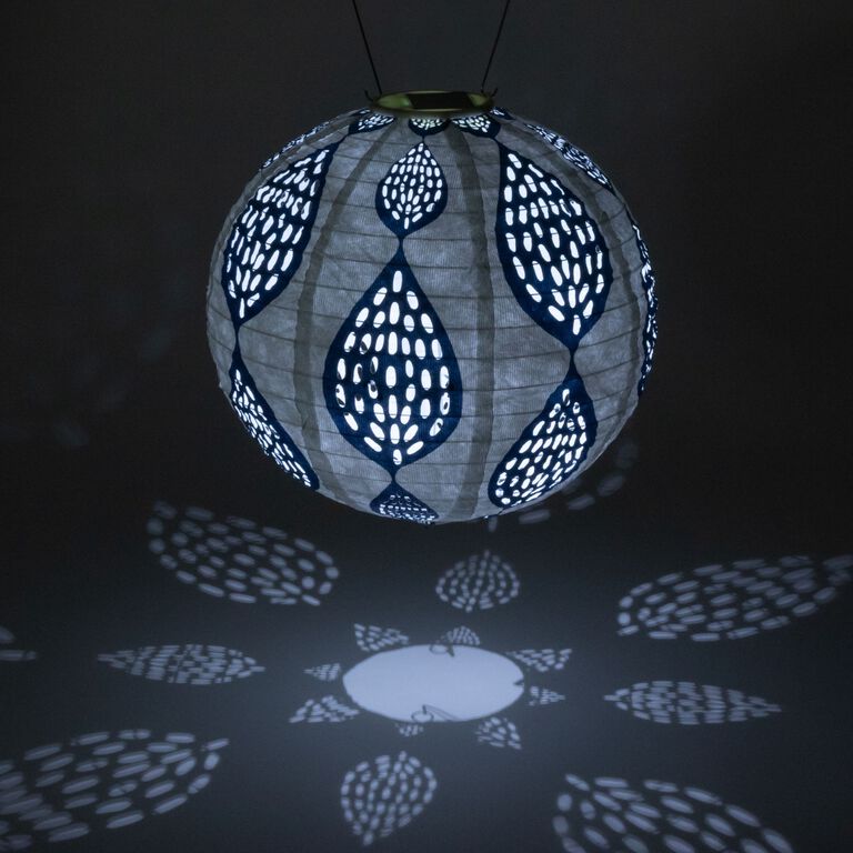 Round Indigo Blue Leaf Fabric Solar LED Lantern image number 2