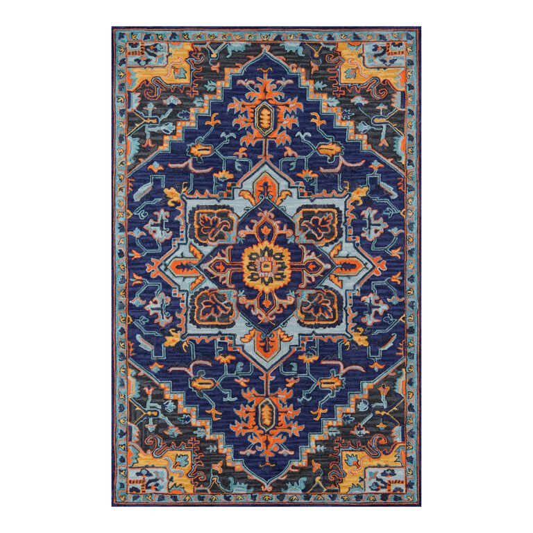 Zareen Navy and Orange Medallion Tufted Wool Area Rug image number 1