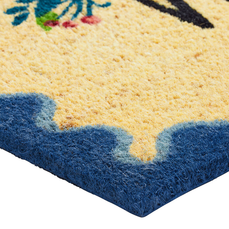Blue and Natural Floral Hello Scalloped Border Coir Doormat image number 2
