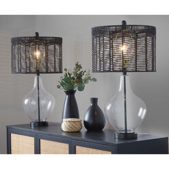 Vincent Clear Glass And Black Rattan Table Lamp 2 Piece Set