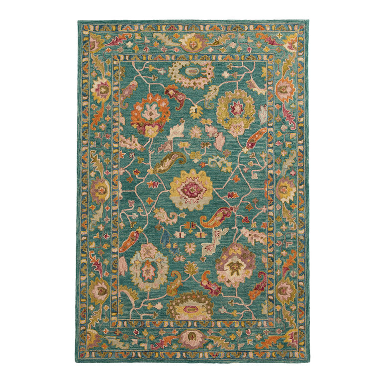 Raya Teal And Multicolor Floral Wool Area Rug image number 1