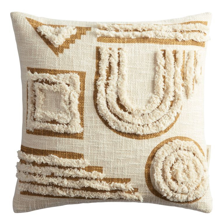 Ivory And Gold Tufted Abstract Throw Pillow image number 1