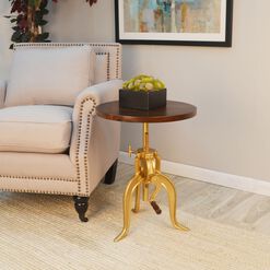 Lynwood Round Wood and Gold Adjustable Side Table
