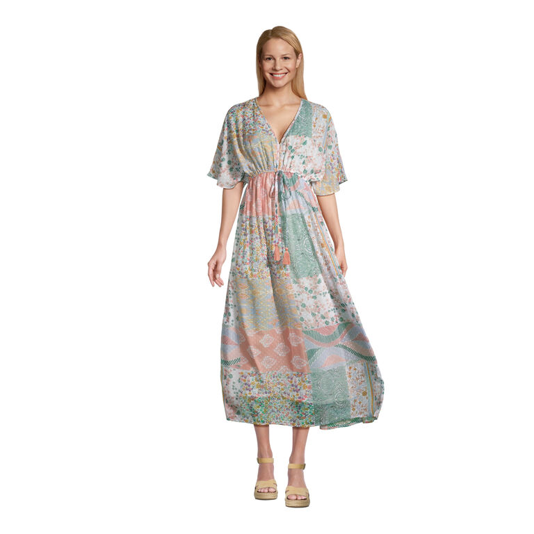 Mira Pastel Dobby Mixed Patchwork Print Kaftan Dress image number 1