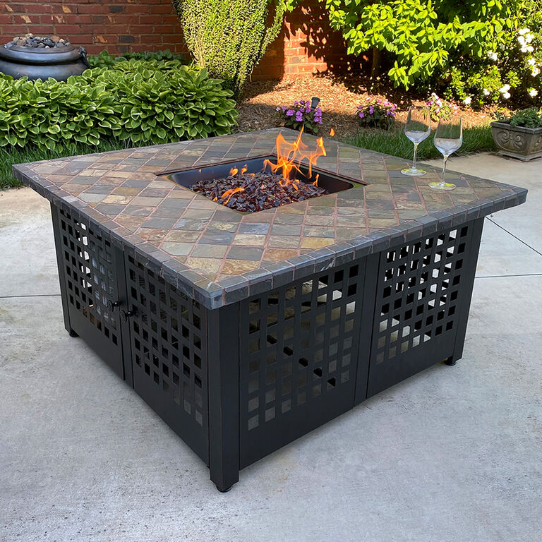 Talca Square Slate Tile and Black Steel Gas Fire Pit Table image number 2