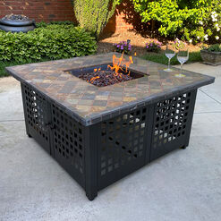Talca Square Slate Tile and Black Steel Gas Fire Pit Table