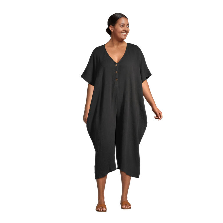 Black Textured Gauze Lounge Jumpsuit With Pockets image number 1
