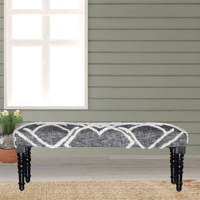 Black and White Tufted Wool Upholstered Bench image number 6