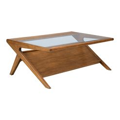 Jill Pecan Wood and Glass Coffee Table with Shelf