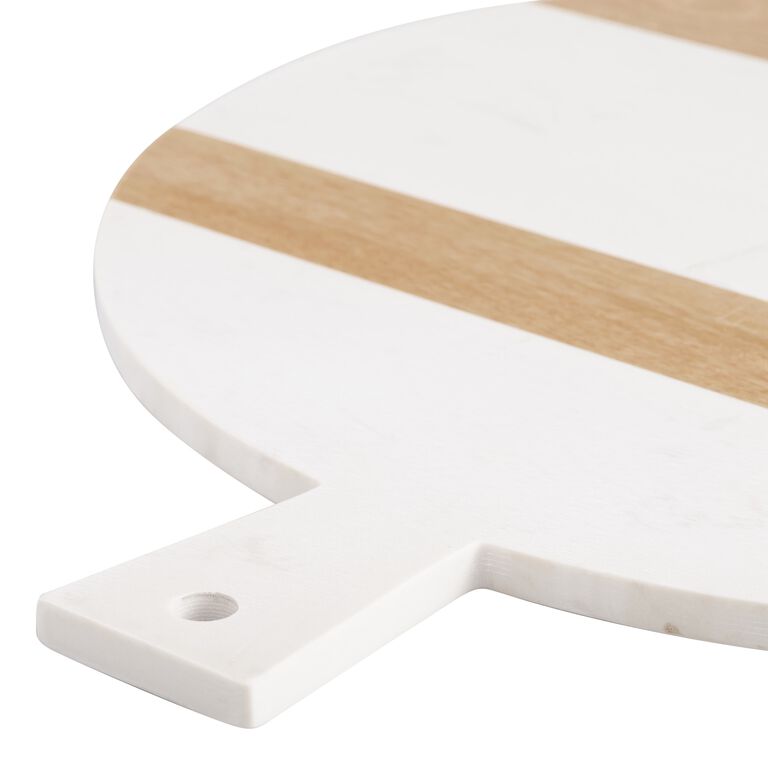 Large Round White Marble and Wood Paddle Cutting Board image number 2