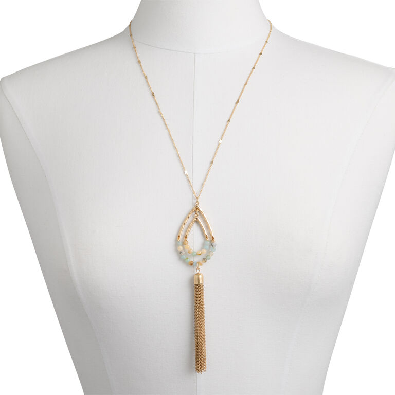Gold Beaded Long Pendant Necklace With Tassel image number 2