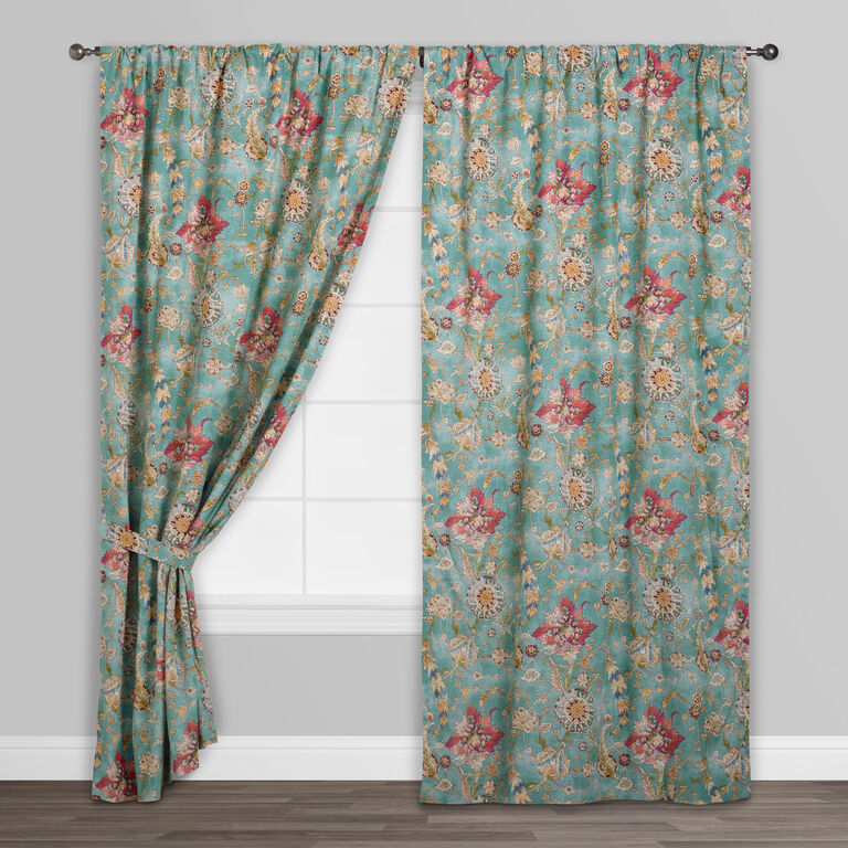 Genevieve Aqua Floral Cotton Sleeve Top Curtains Set Of 2 image number 2