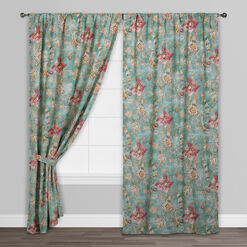 Genevieve Aqua Floral Cotton Sleeve Top Curtains Set Of 2