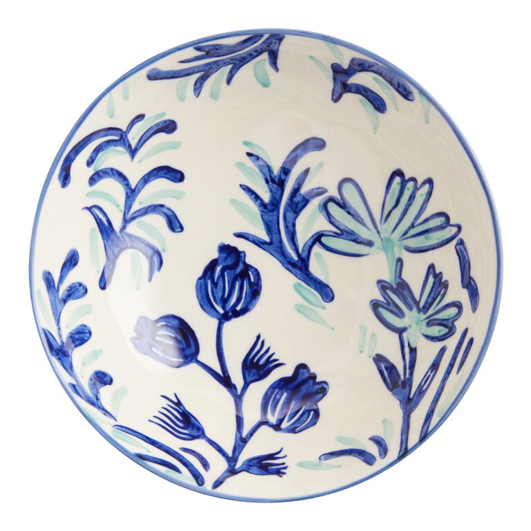 Large Blue And Aqua Floral Hand Painted Bowl image number 1