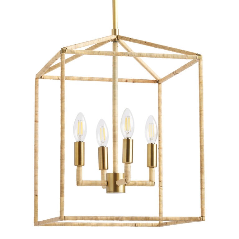 Astrid Rattan and Gold Iron Open Cage 4 Light Chandelier image number 1