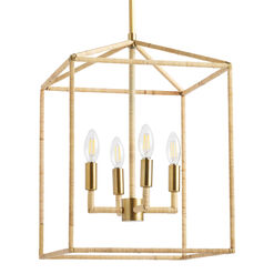 Astrid Rattan and Gold Iron Open Cage 4 Light Chandelier
