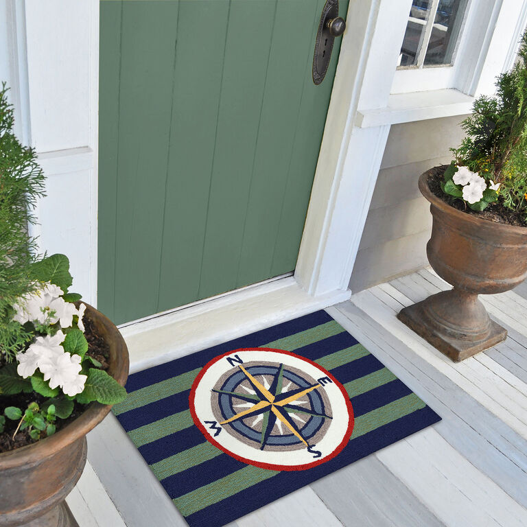 Blue and Green Striped Compass Indoor Outdoor Rug image number 2