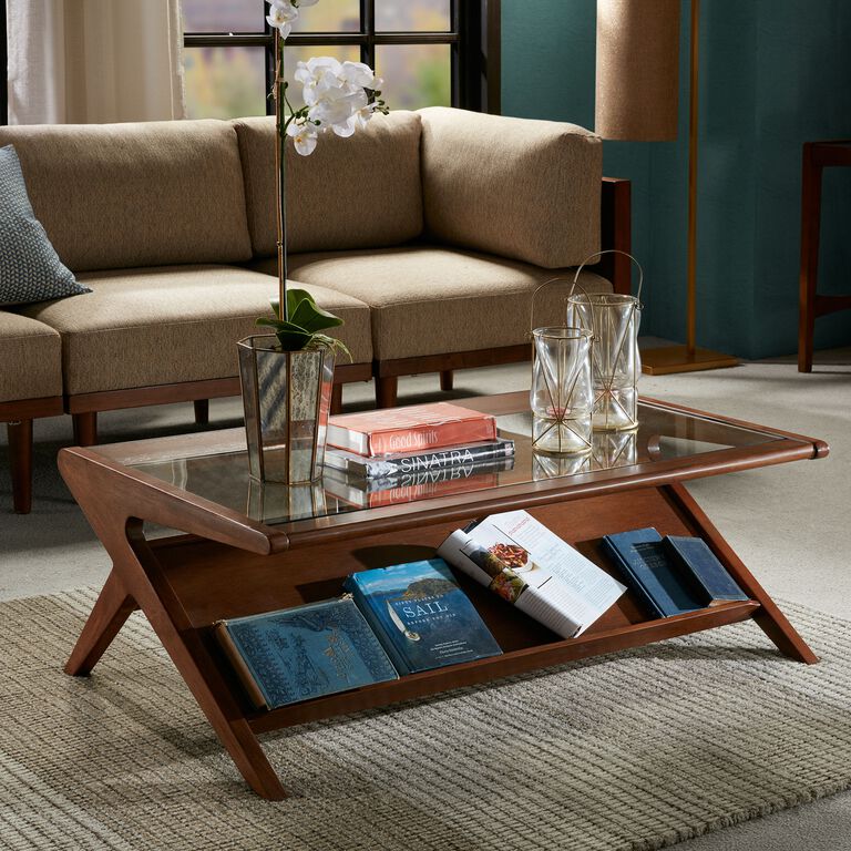 Jill Pecan Wood and Glass Coffee Table with Shelf image number 2