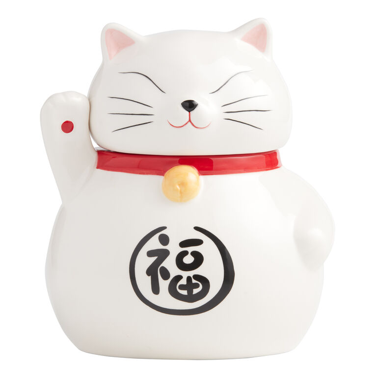White Ceramic Lucky Cat Figural Cookie Jar image number 1