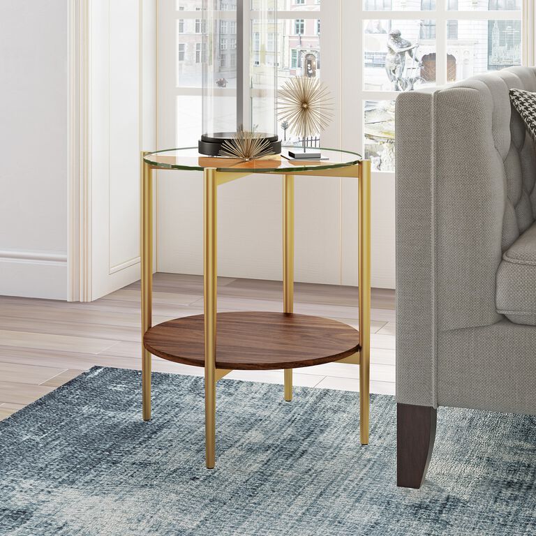 Mae Round Gold Metal and Walnut Glass Top Side Table image number 4
