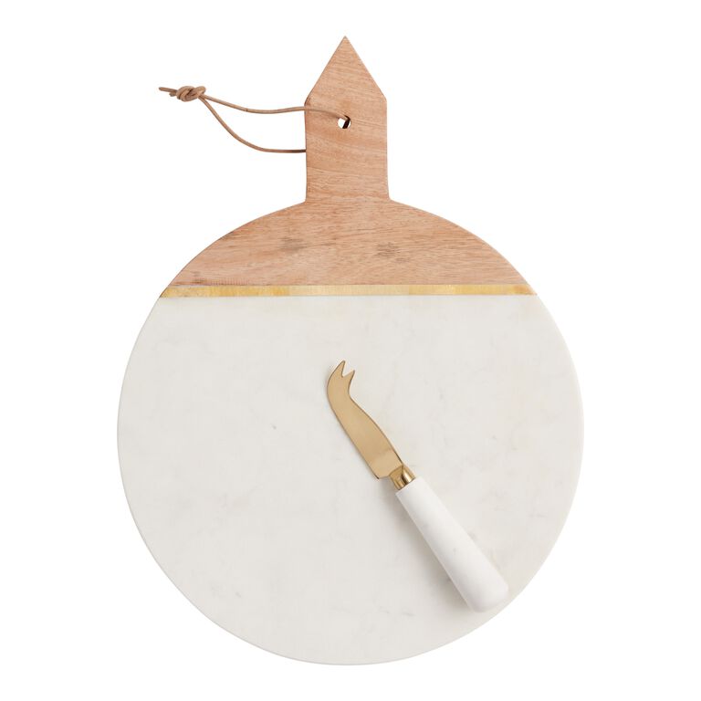 White Marble and Wood Cheese Serving Board and Knife Set image number 1