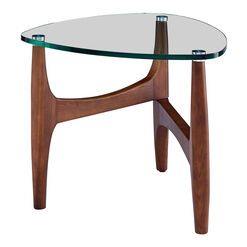 Kayla Triangular Walnut Wood and Glass Top Side Table