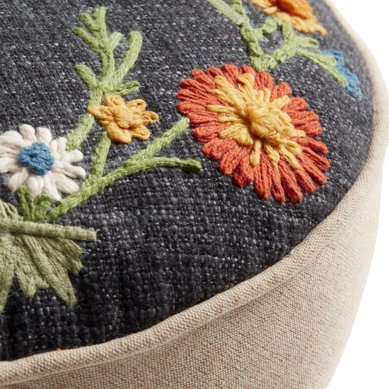 Round Dark Indigo Embroidered Good Vibes Throw Pillow image number 3