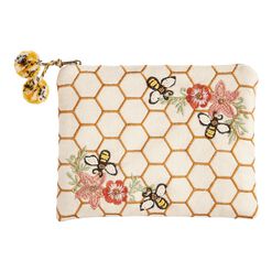Canvas Beehive Embroidered Beaded Zip Pouch