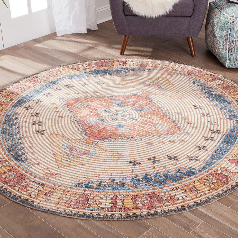 Round Ivory and Red Distressed Jute Blend Beso Area Rug image number 4