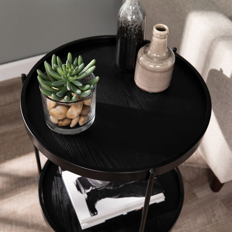 Dunsley Round Black Wood And Metal End Table With Shelf image number 4