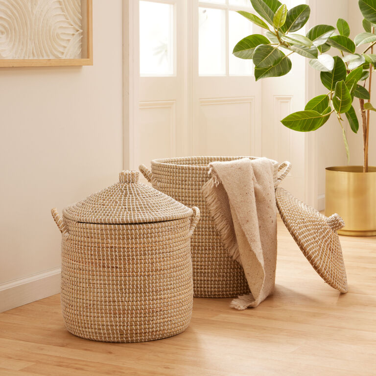Adira White and Natural Seagrass Basket With Lid image number 2