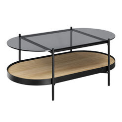 Milano Oval Glass Top and Steel Coffee Table with Wood Shelf